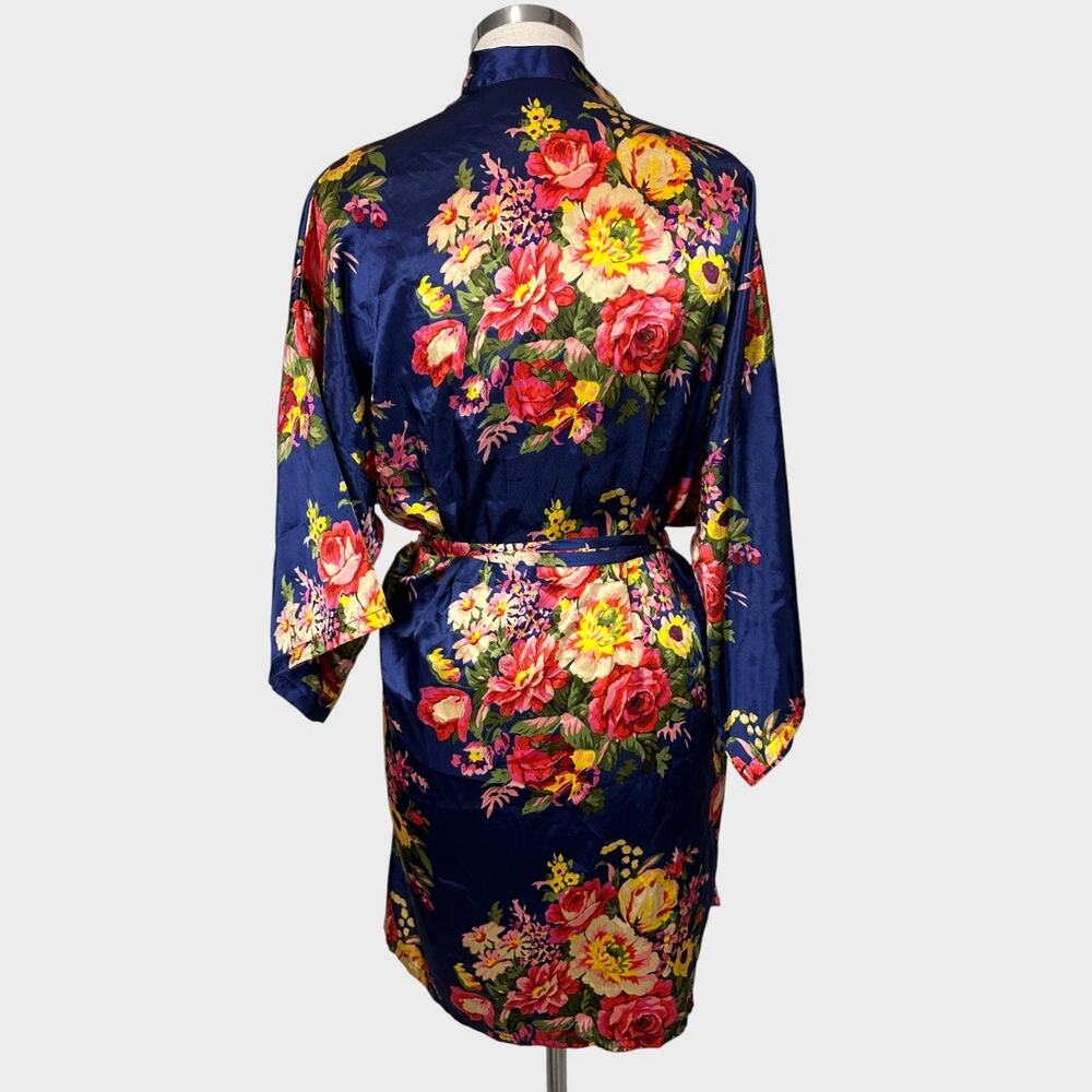 Lightweight Satin Navy Blue Floral Robe with Yellow Pink Belted - Picture 7 of 10